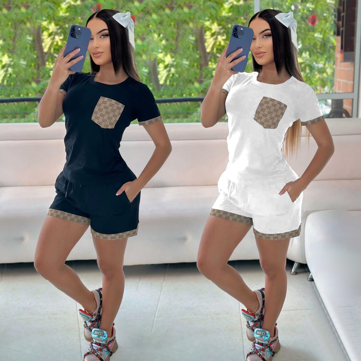 Fashionable and Casual Cotton Short-sleeved Shorts Patchwork Suit