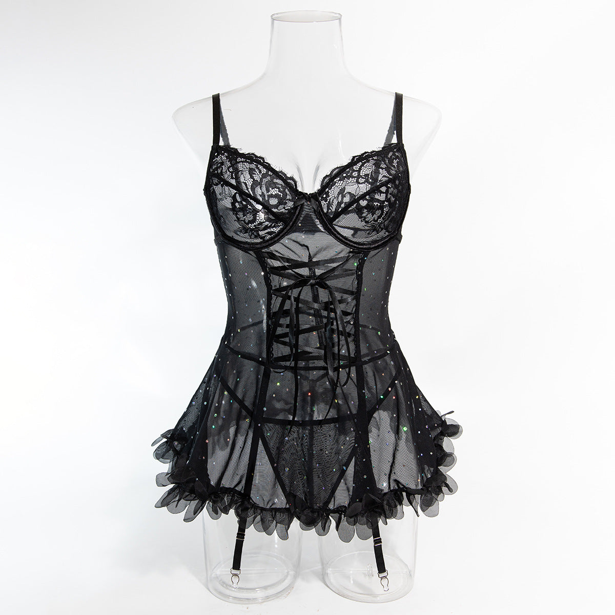 Sexy Sequined Underwire Gathered Lace Hem Dress + T-Back