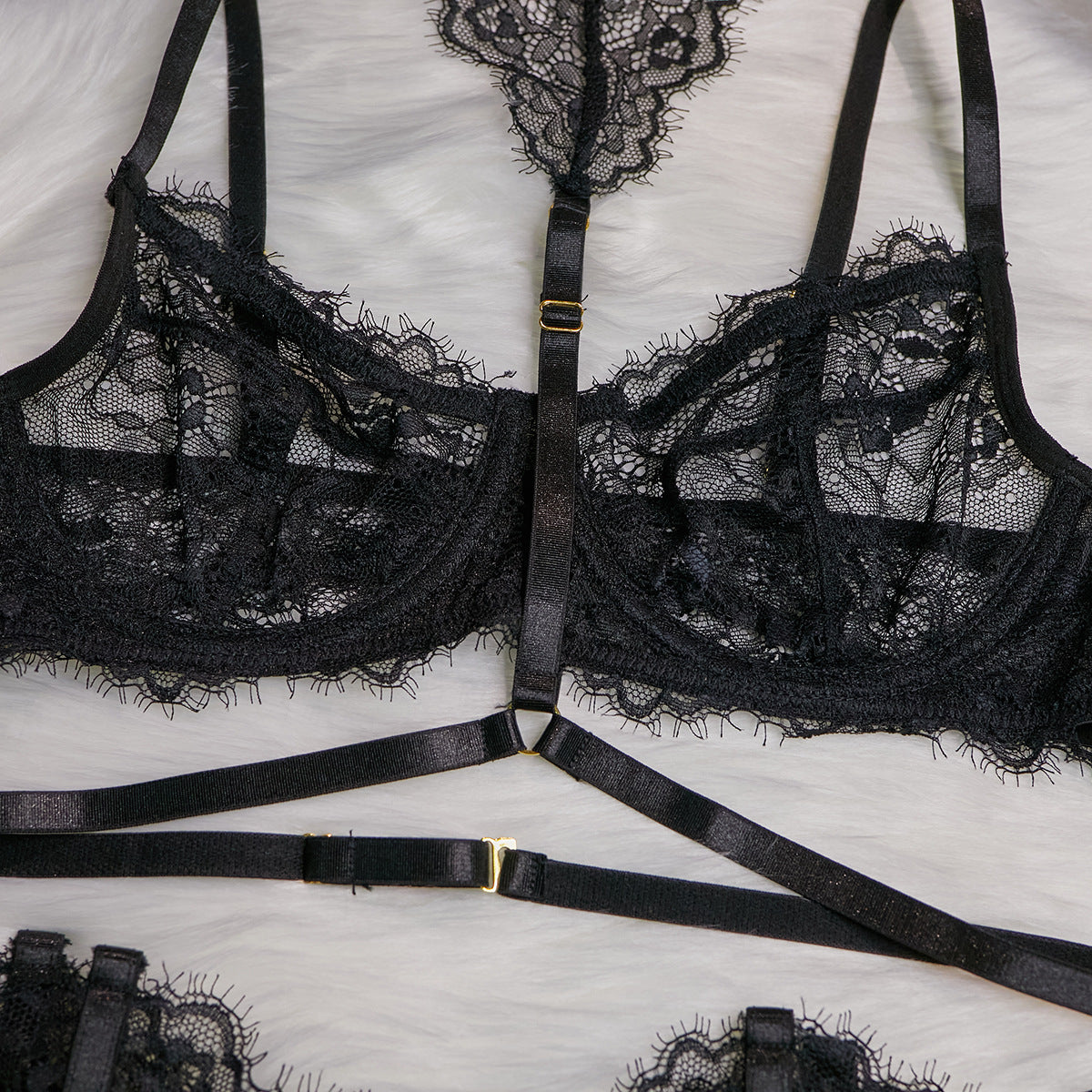 Sexy Hollow Lace Eyelash Lace Splicing Steel Ring Gathered Halter Neck Ankle Ring Set