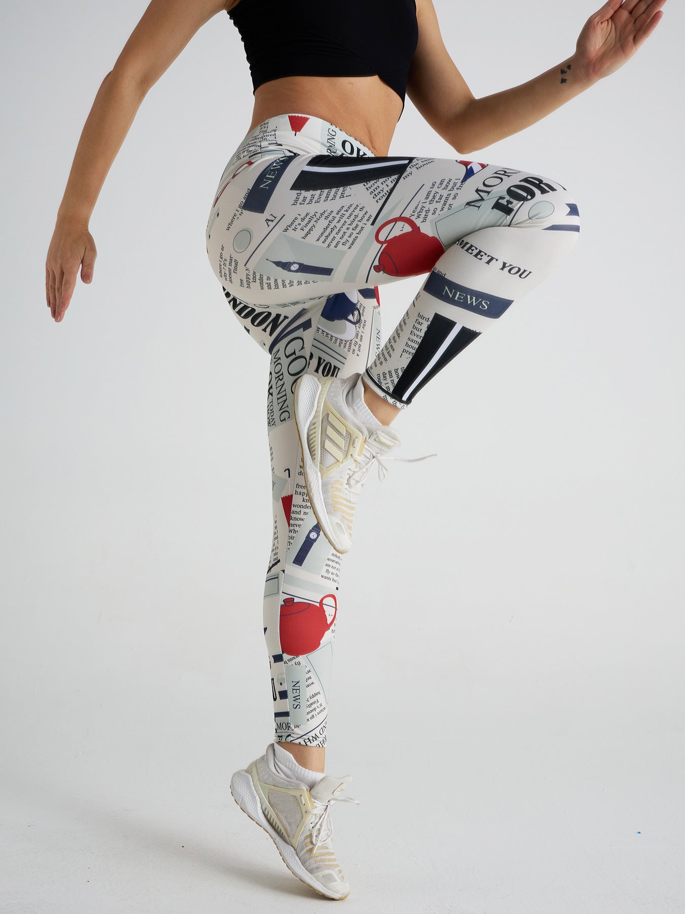 Simple and Elegant Newspaper Print High Waist Sports Fitness Yoga Pants