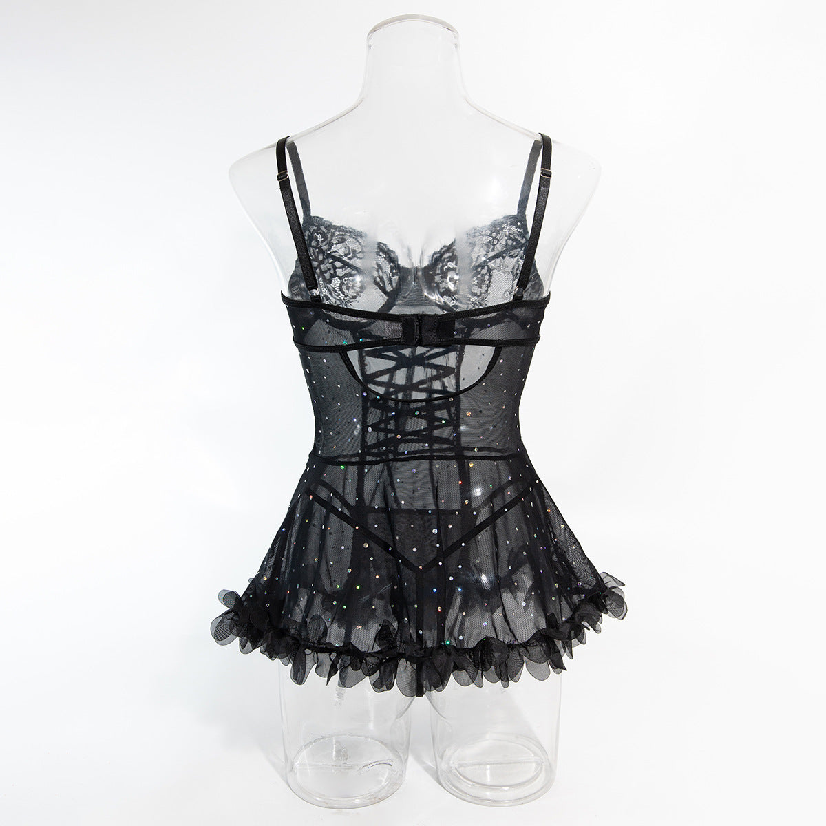 Sexy Sequined Underwire Gathered Lace Hem Dress + T-Back