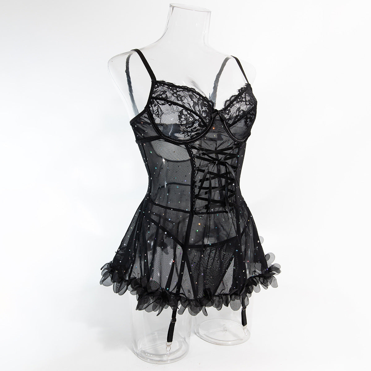 Sexy Sequined Underwire Gathered Lace Hem Dress + T-Back