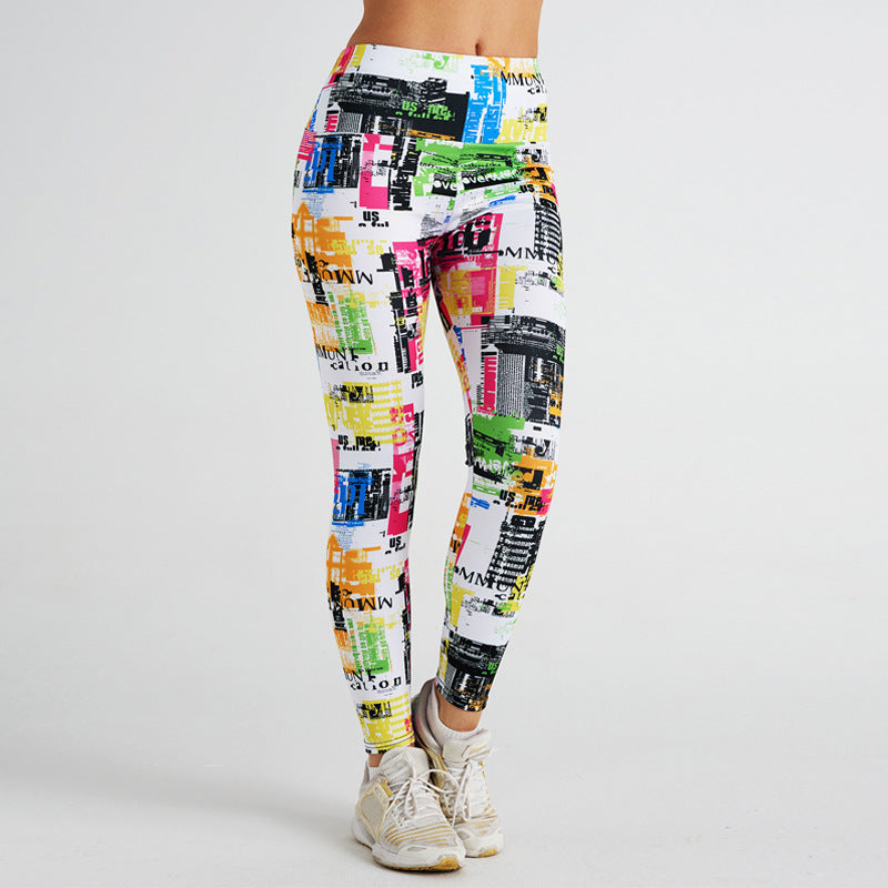 Abstract Graffiti Newspaper Print High Waist Sports Fitness Yoga Pants