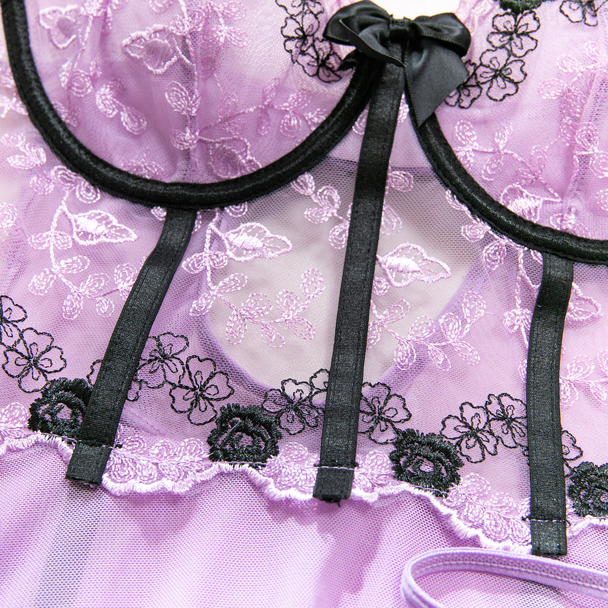 Embroidered Sexy Underwire Gathered Stitching Mesh See-through Dress