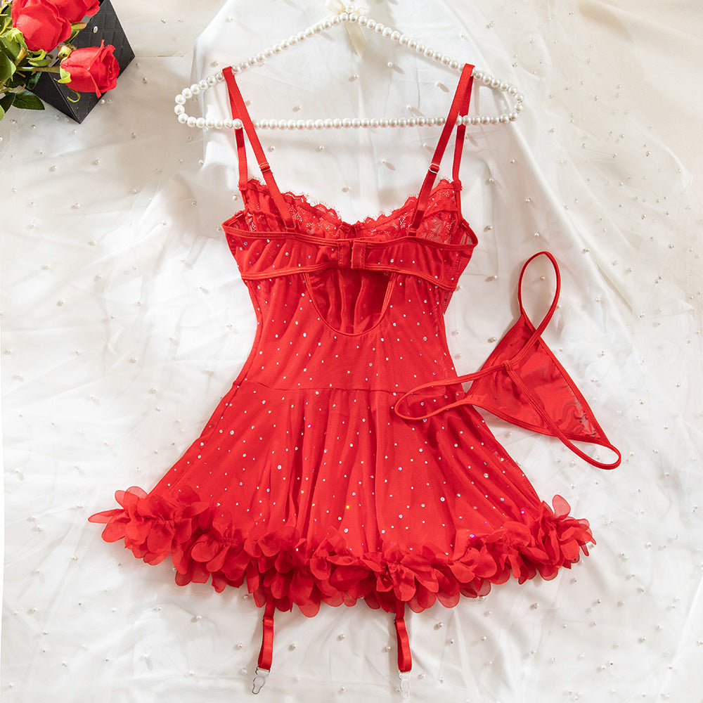Sexy Sequined Underwire Gathered Lace Hem Dress + T-Back