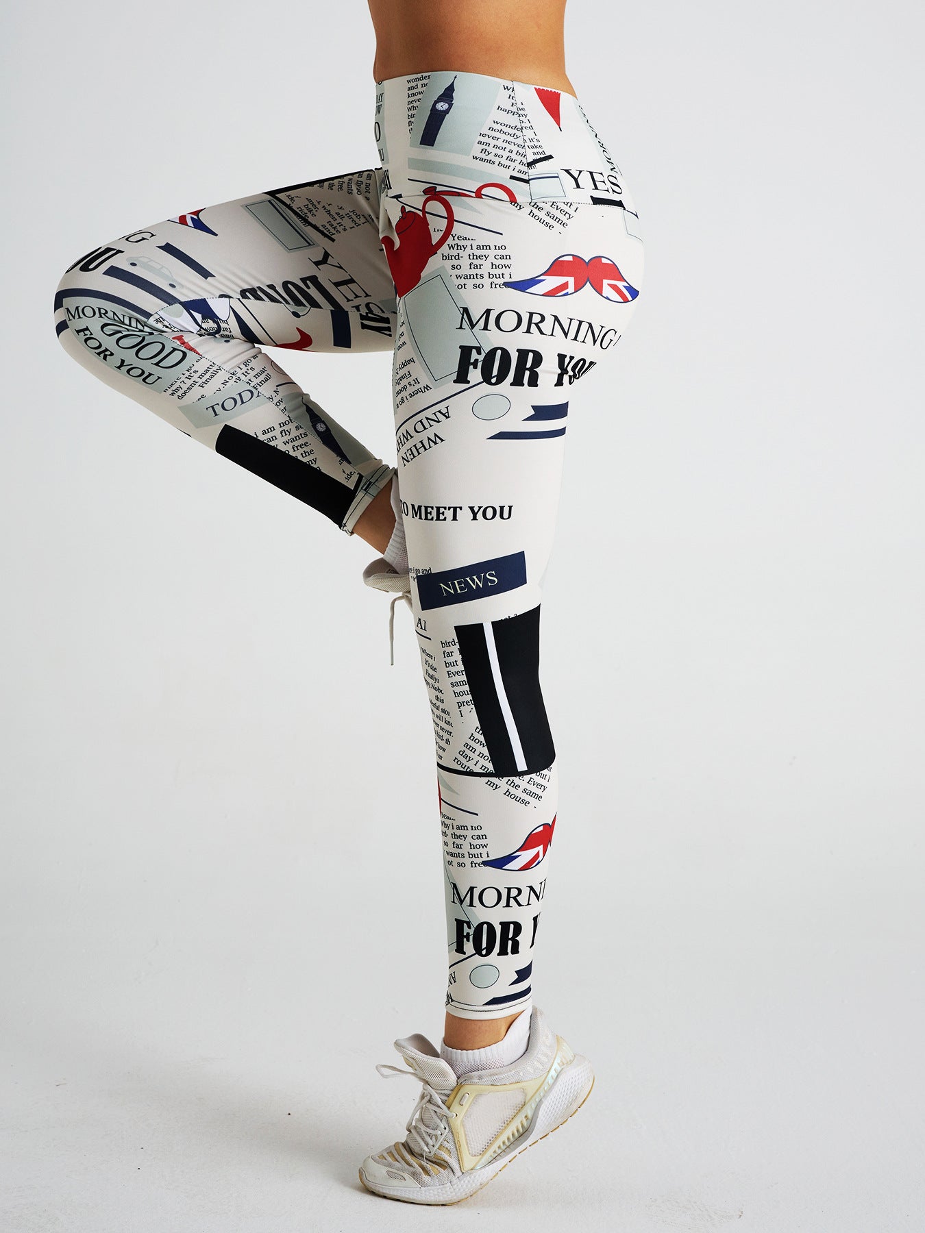 Simple and Elegant Newspaper Print High Waist Sports Fitness Yoga Pants