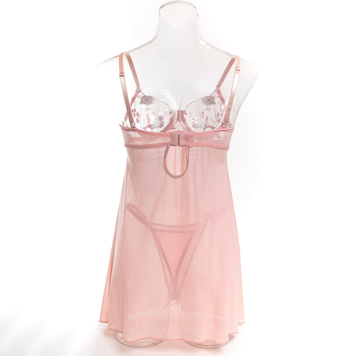 Sexy Flower Embroidered Bra Wire Gathered Mesh One-Piece Nightdress + T-Back
