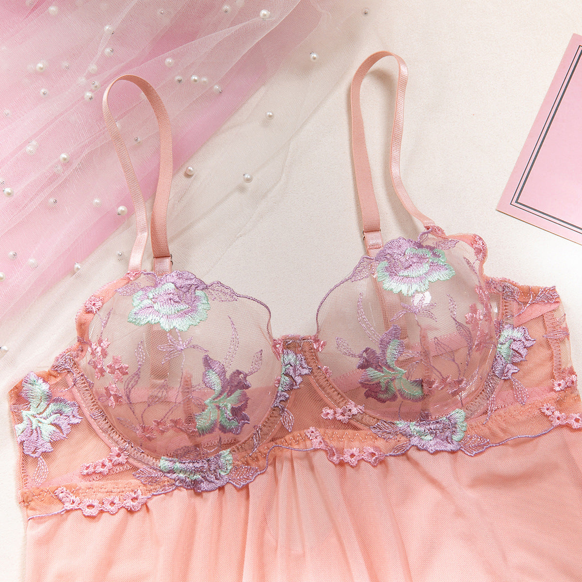 Sexy Flower Embroidered Bra Wire Gathered Mesh One-Piece Nightdress + T-Back