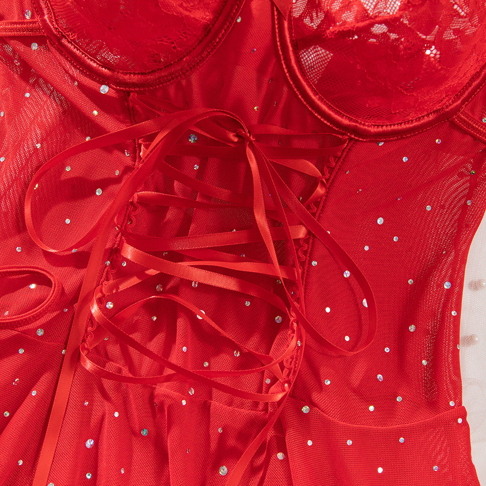Sexy Sequined Underwire Gathered Lace Hem Dress + T-Back