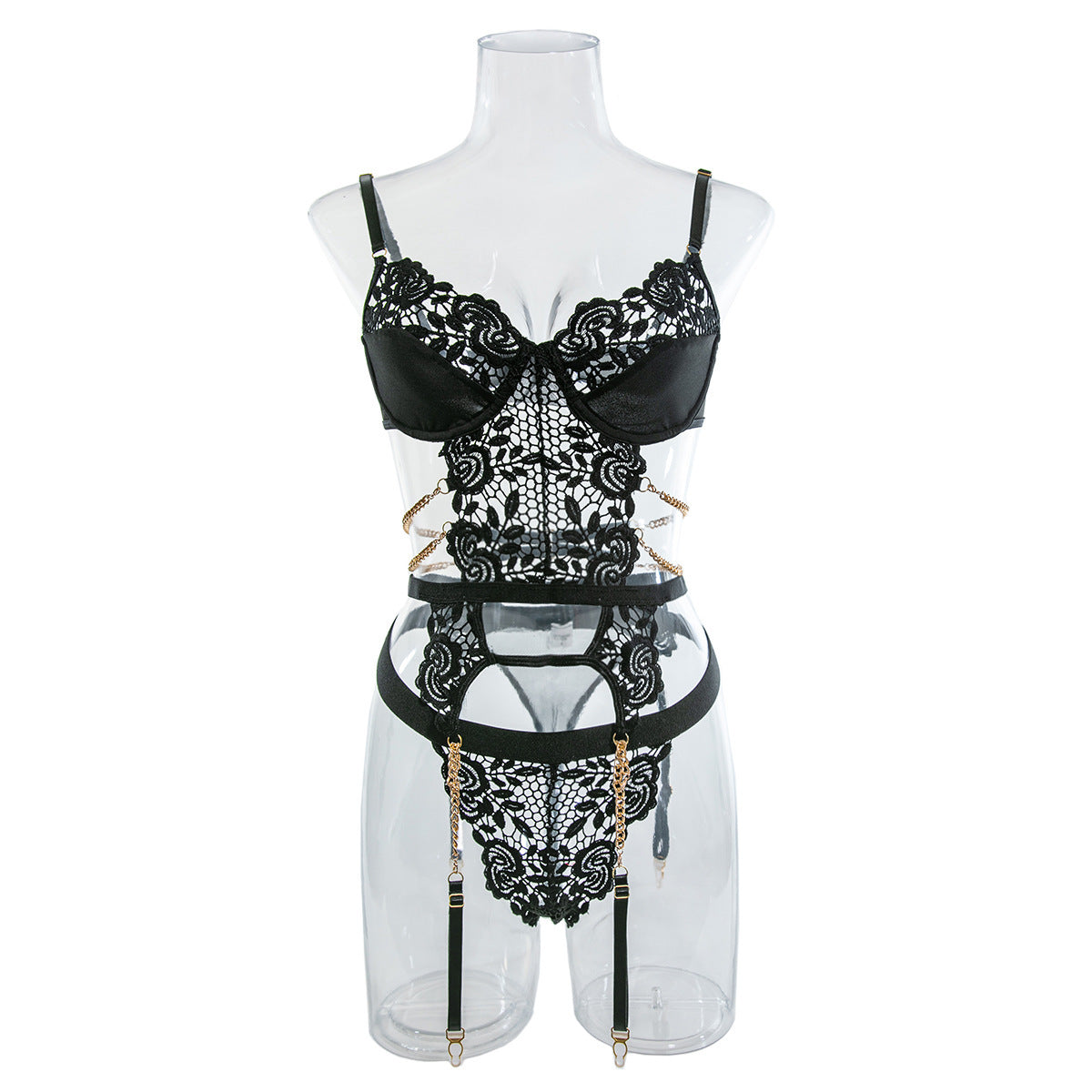 Sexy Metal Chain Lace Hollow Steel Ring Gathered Bodysuit Set