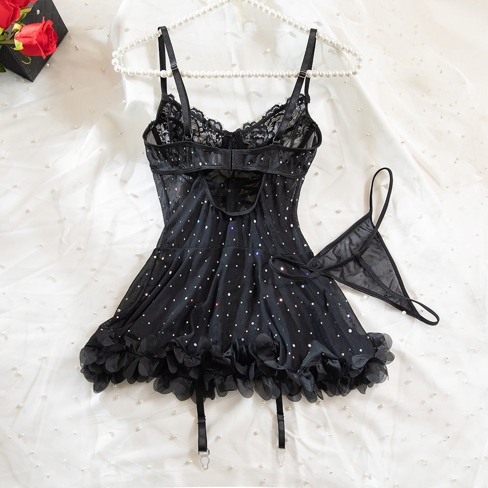 Sexy Sequined Underwire Gathered Lace Hem Dress + T-Back