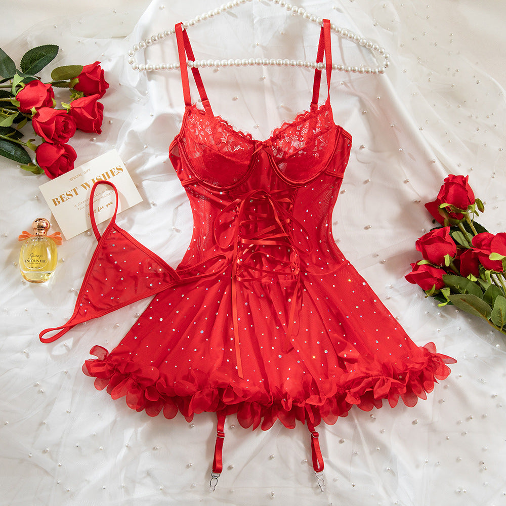 Sexy Sequined Underwire Gathered Lace Hem Dress + T-Back
