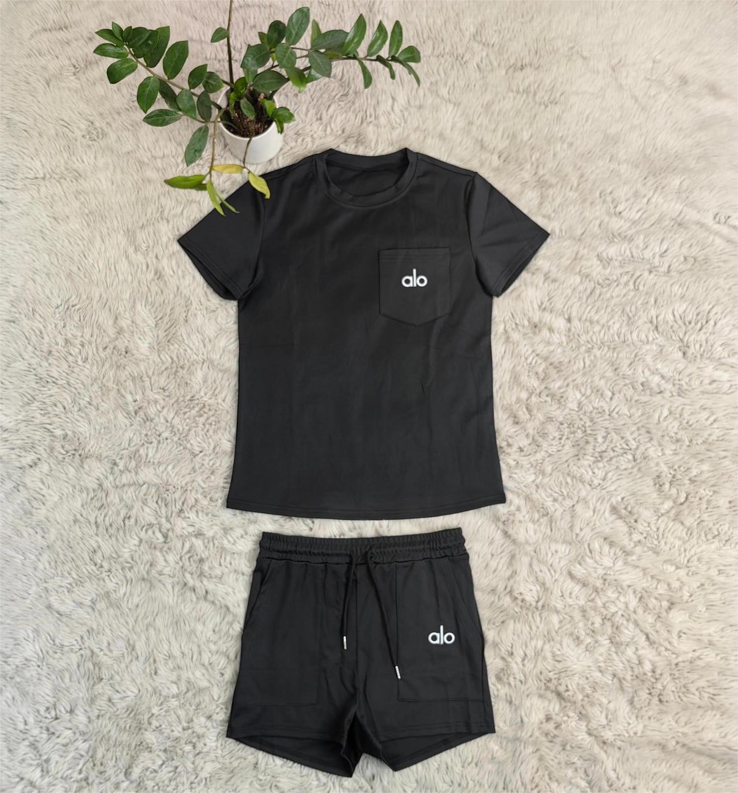 Summer Black Embroidered Round Neck Short Sleeve Shorts Suit