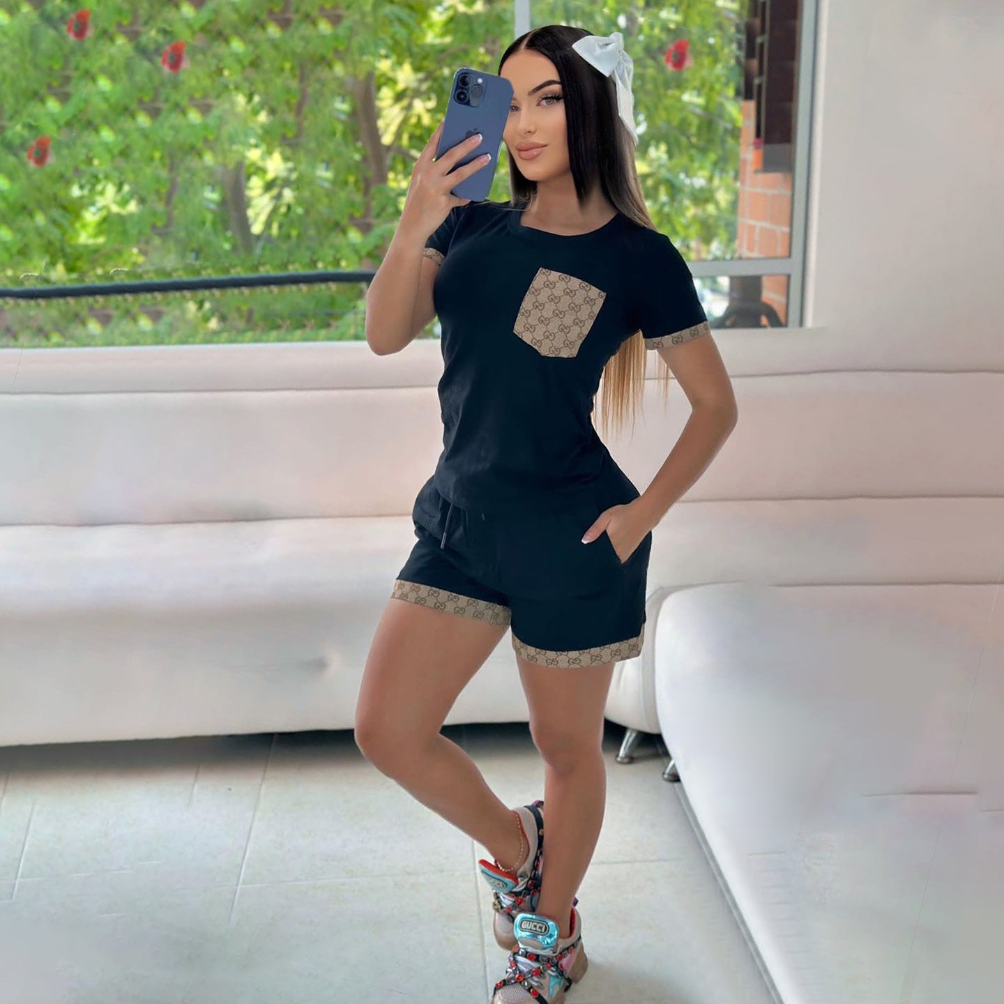 Fashionable and Casual Cotton Short-sleeved Shorts Patchwork Suit