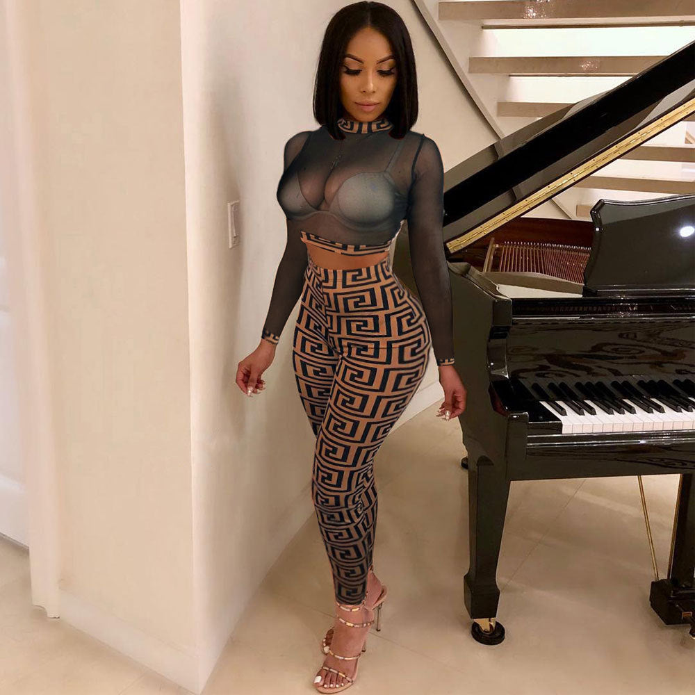Sexy Mesh Pencil Pants Long Sleeve Trousers Suit