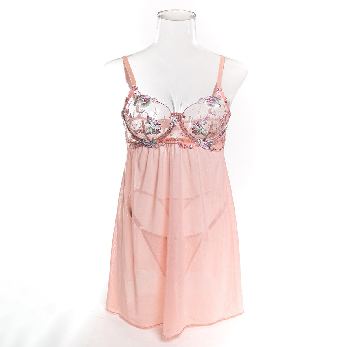 Sexy Flower Embroidered Bra Wire Gathered Mesh One-Piece Nightdress + T-Back