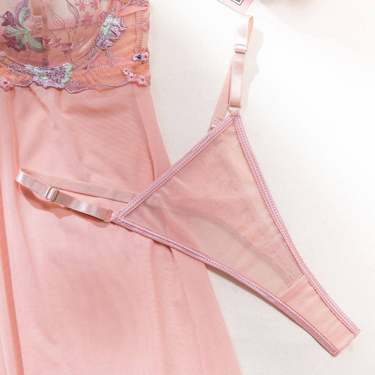 Sexy Flower Embroidered Bra Wire Gathered Mesh One-Piece Nightdress + T-Back