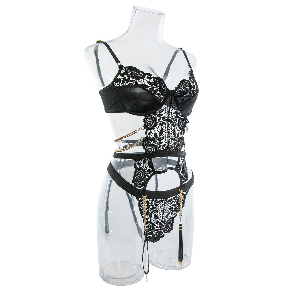Sexy Metal Chain Lace Hollow Steel Ring Gathered Bodysuit Set