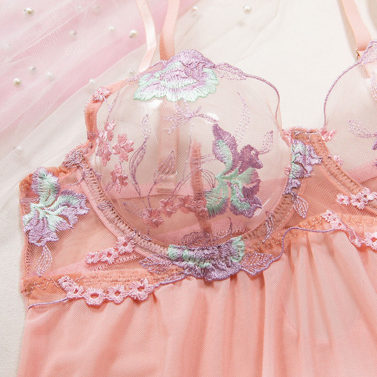 Sexy Flower Embroidered Bra Wire Gathered Mesh One-Piece Nightdress + T-Back