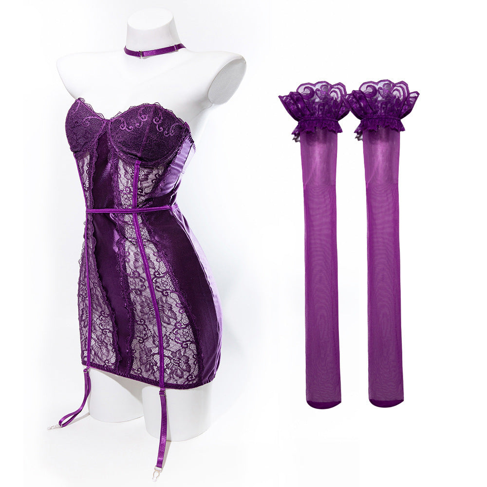 Hollow Lace Stitching Halter Neck All-match Dress Set