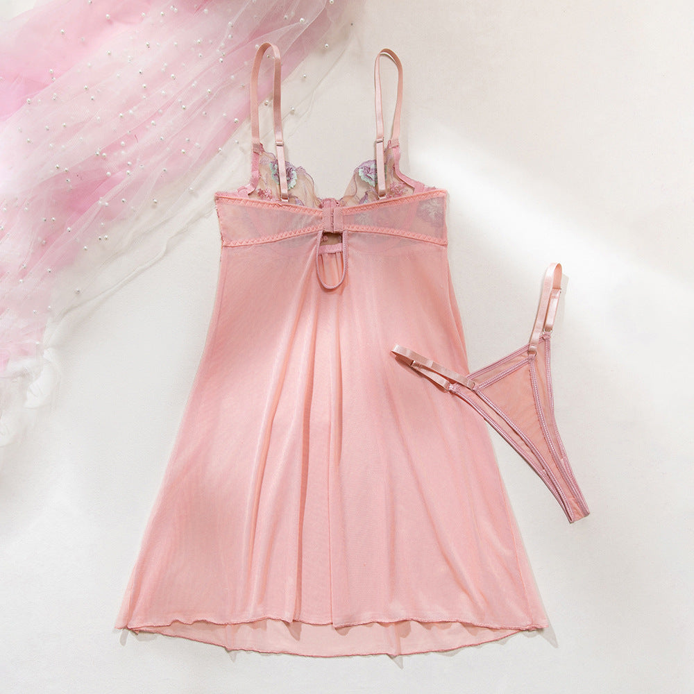 Sexy Flower Embroidered Bra Wire Gathered Mesh One-Piece Nightdress + T-Back