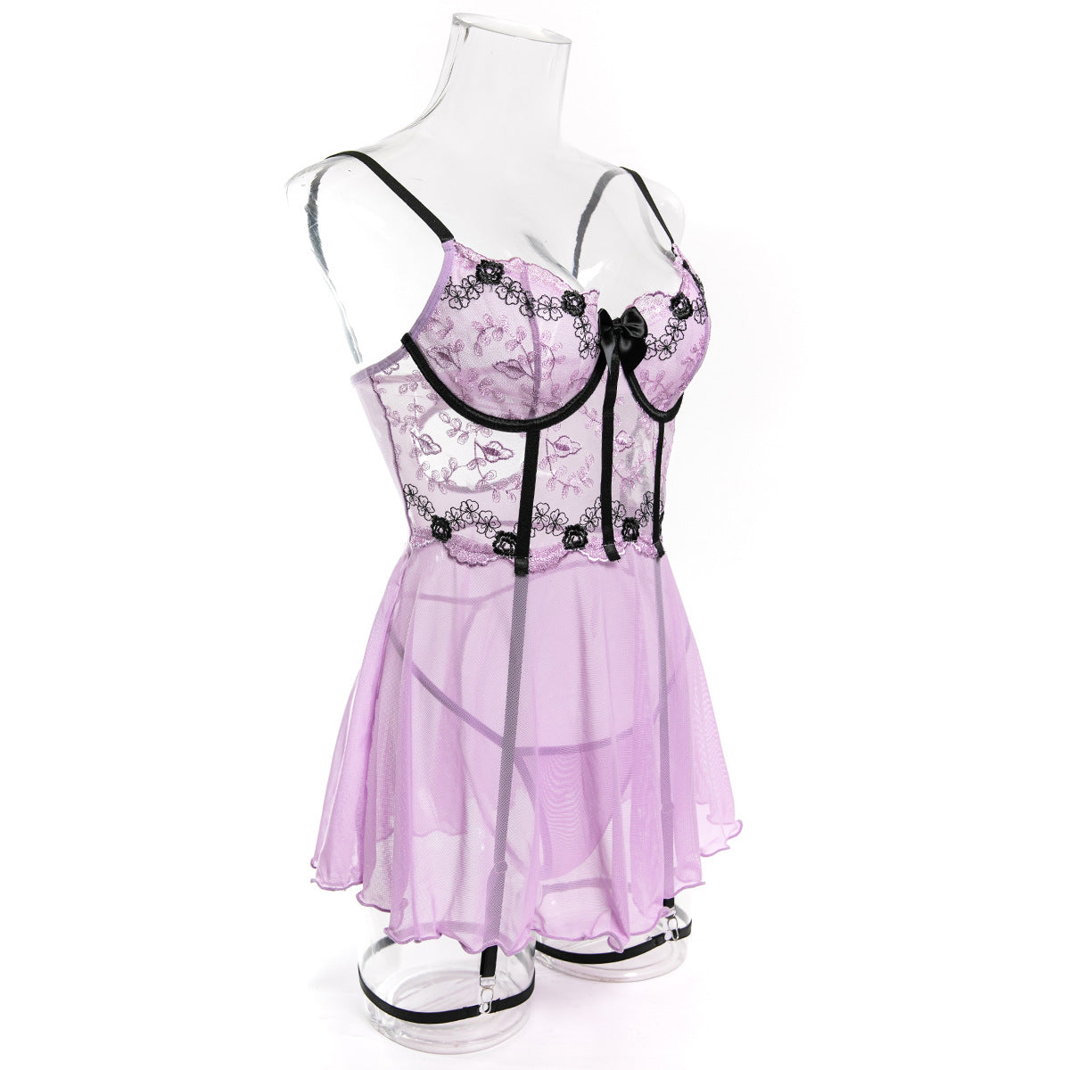 Embroidered Sexy Underwire Gathered Stitching Mesh See-through Dress