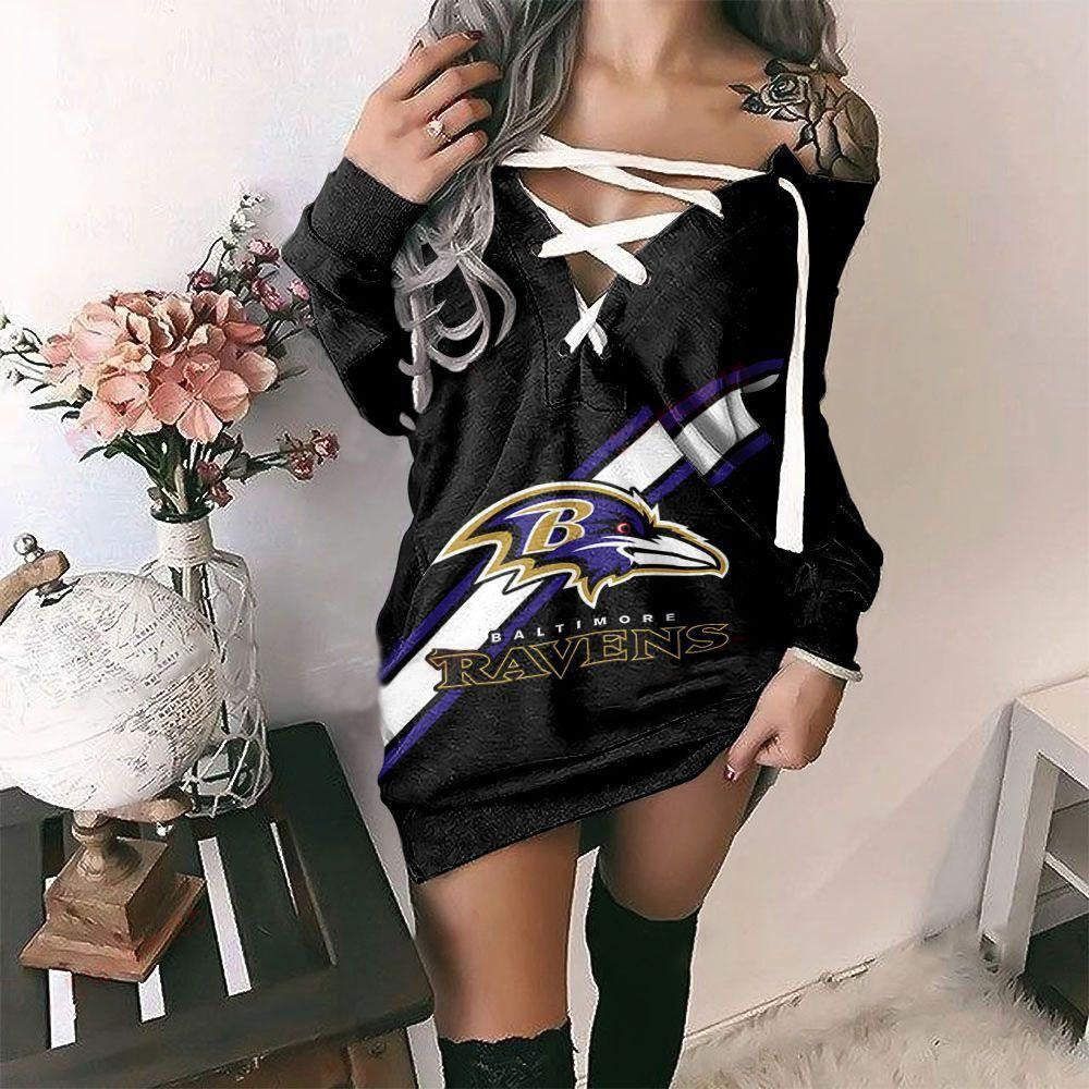Baltimore Ravens Printed Lace-up V-neck Off-shoulder Hip Dress