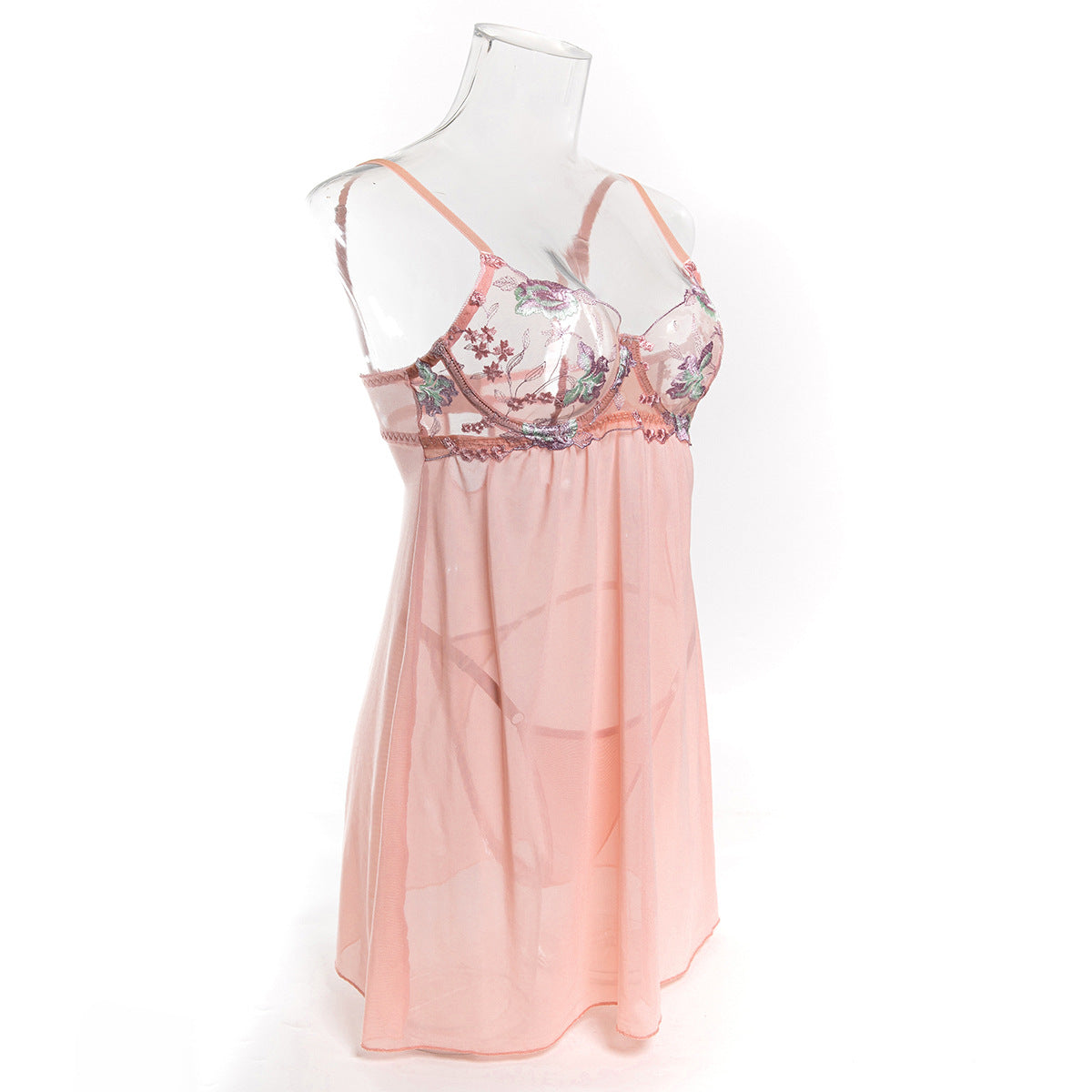 Sexy Flower Embroidered Bra Wire Gathered Mesh One-Piece Nightdress + T-Back