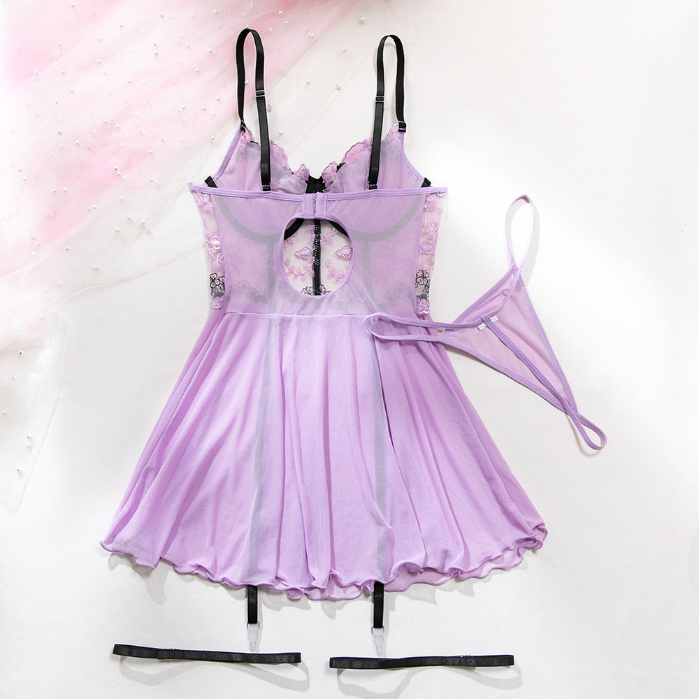 Embroidered Sexy Underwire Gathered Stitching Mesh See-through Dress