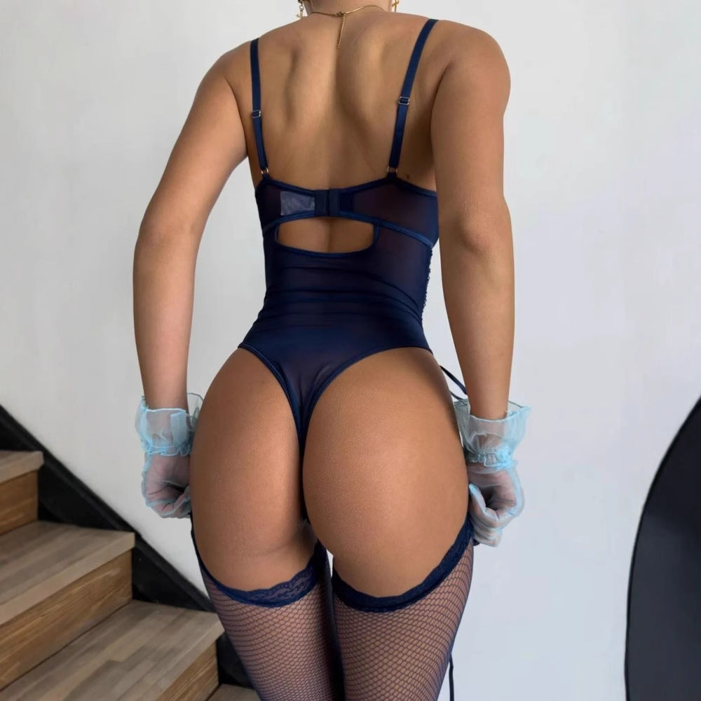 Sexy Lace Stitching Rope Tie Steel Ring Gathered Sling Body Shaping with Stockings + Jumpsuit Set