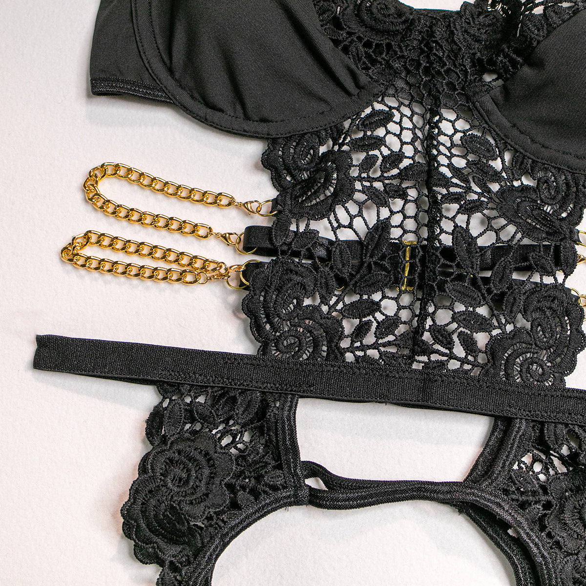 Sexy Metal Chain Lace Hollow Steel Ring Gathered Bodysuit Set