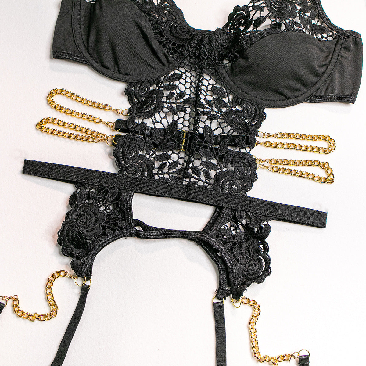 Sexy Metal Chain Lace Hollow Steel Ring Gathered Bodysuit Set