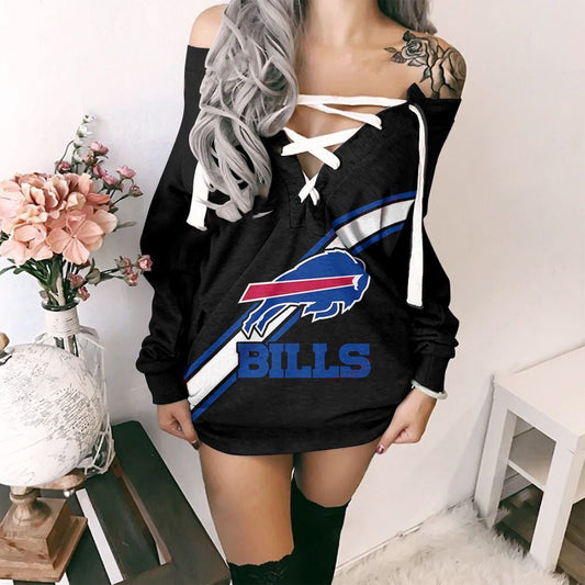 Buffalo Bills Printed Lace-up V-neck Off-shoulder Hip Dress