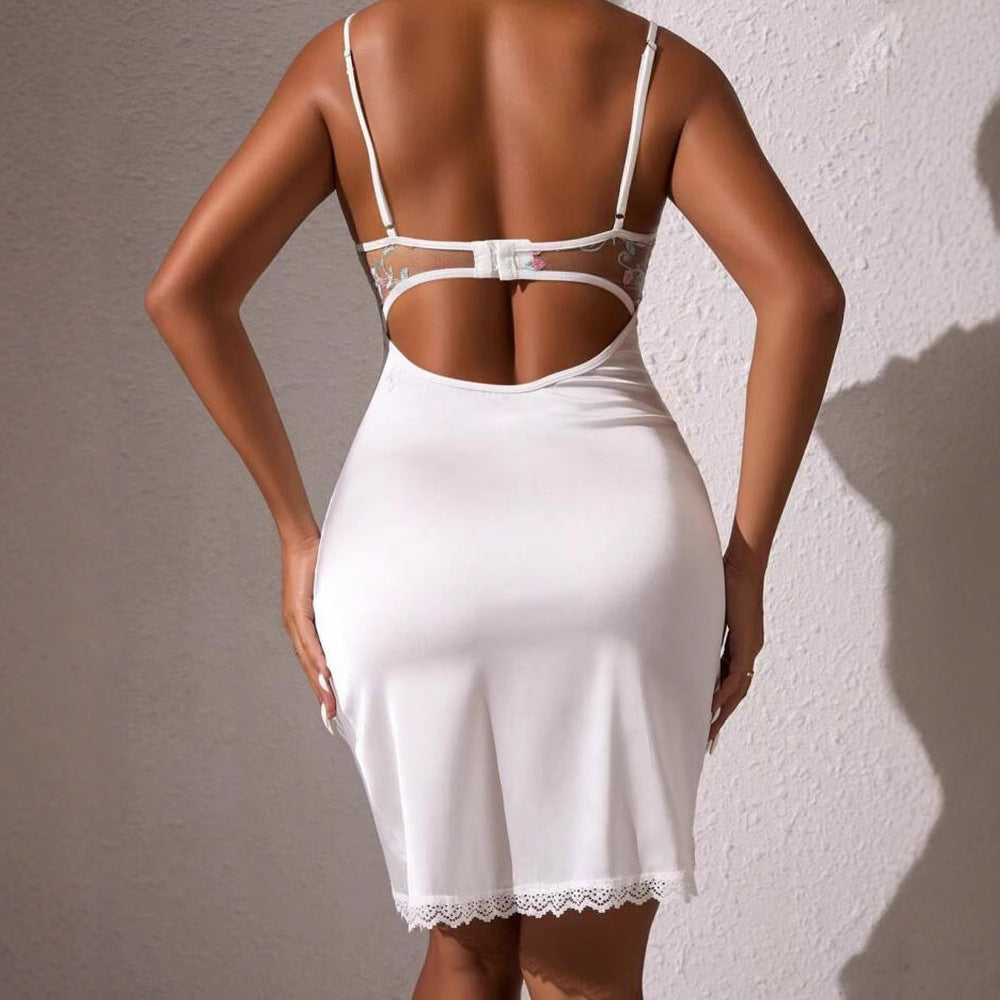 Sexy Splicing Transparent Mesh Embroidered Flower Suspender Dress + Underwear