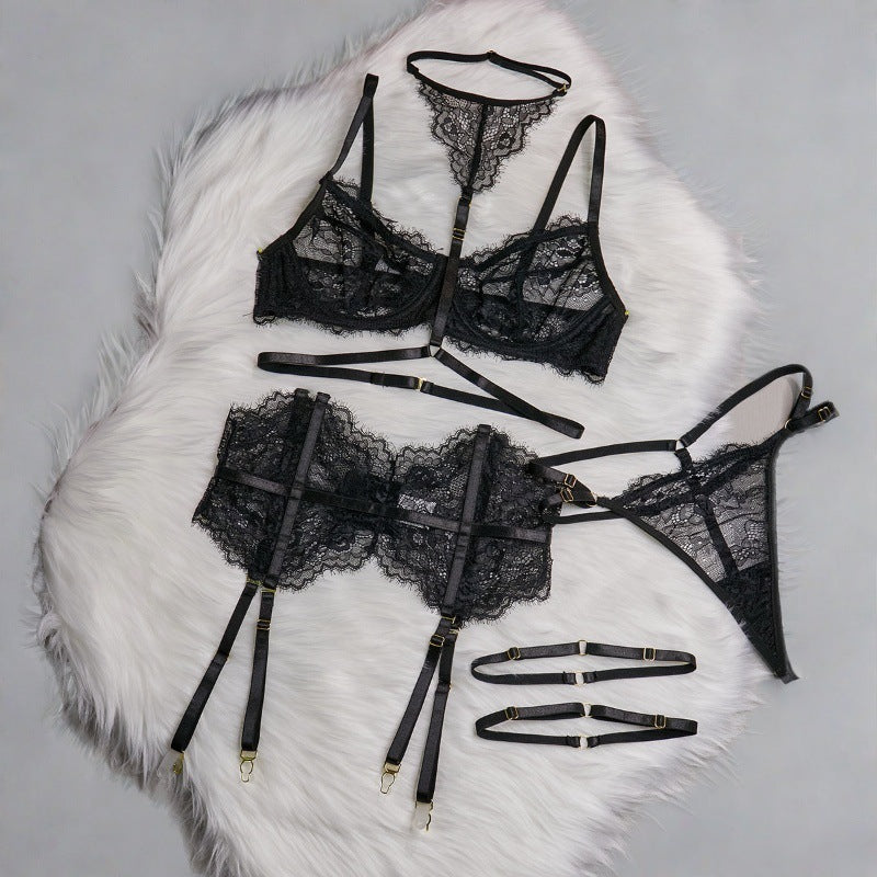Sexy Hollow Lace Eyelash Lace Splicing Steel Ring Gathered Halter Neck Ankle Ring Set