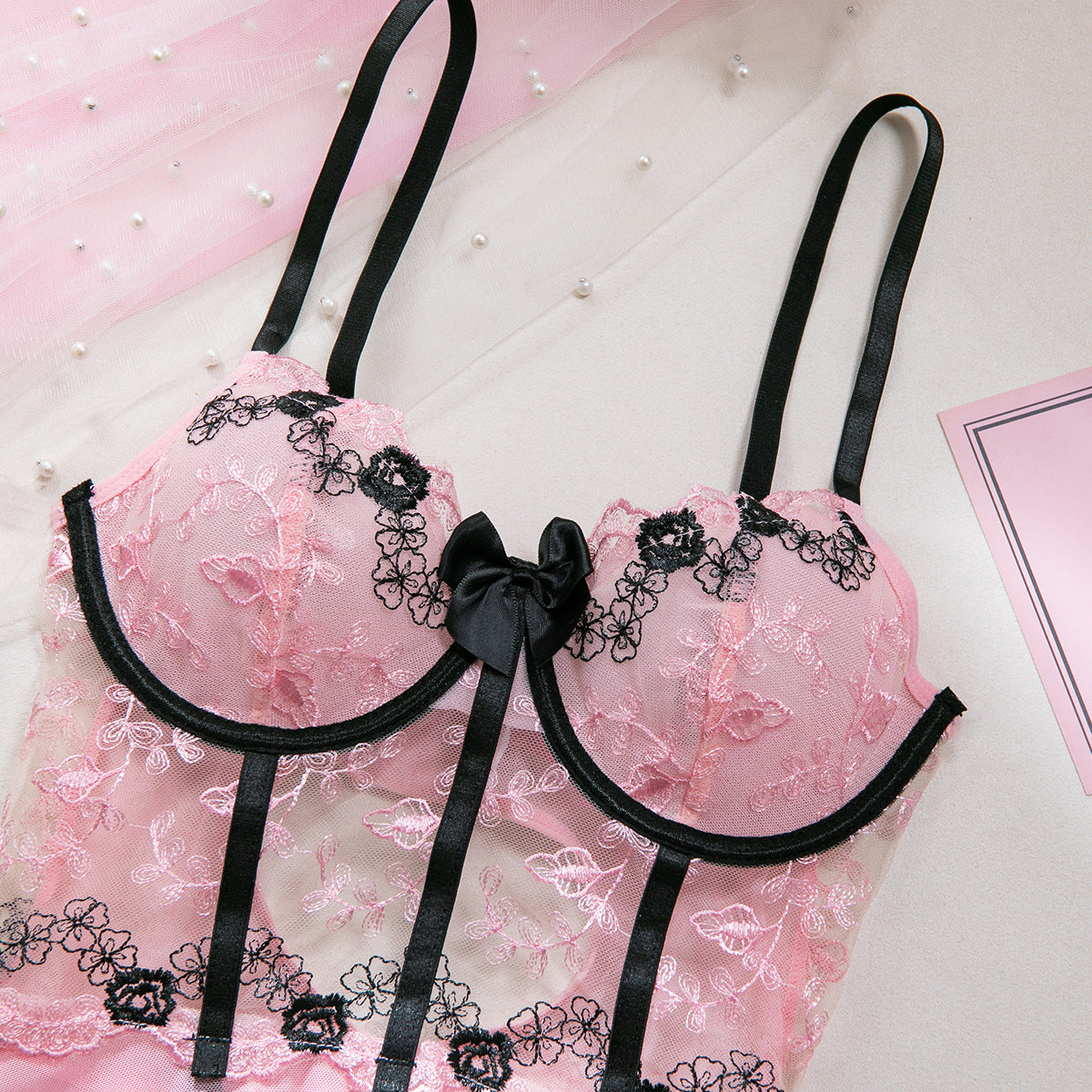 Embroidered Sexy Underwire Gathered Stitching Mesh See-through Dress