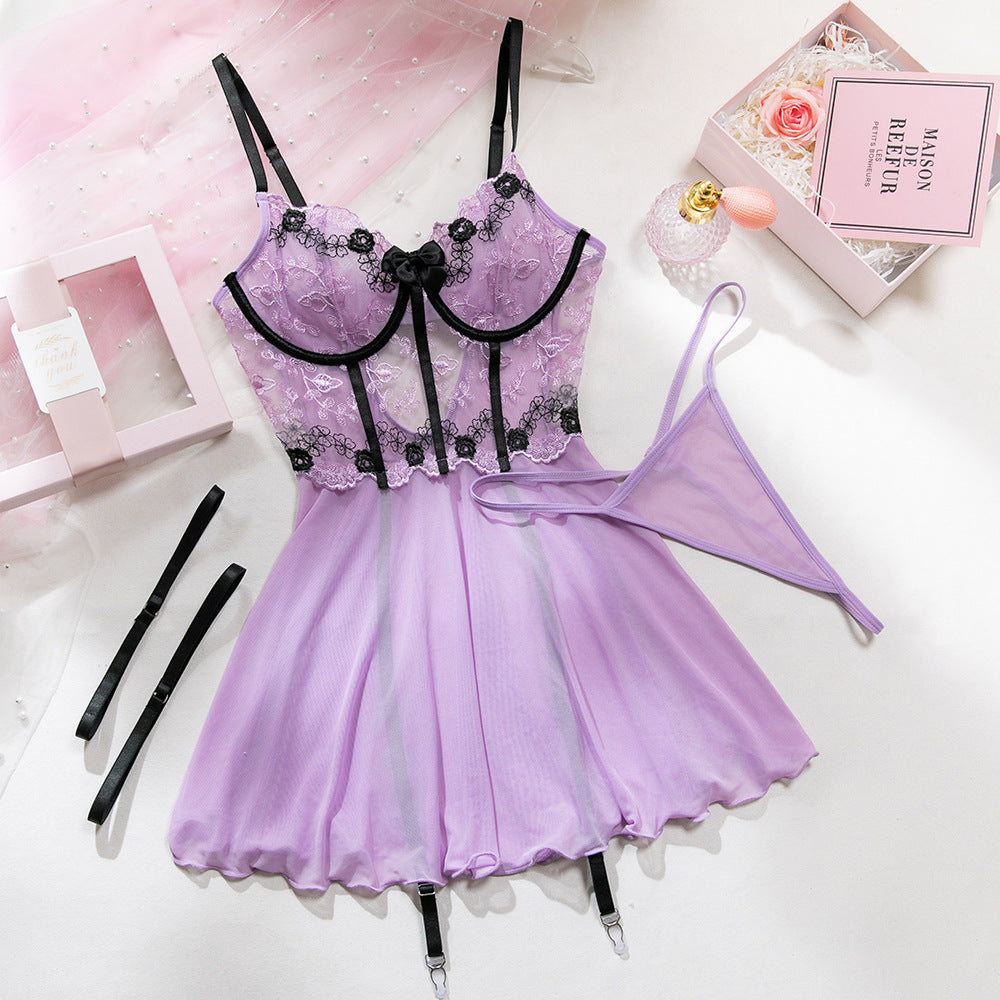 Embroidered Sexy Underwire Gathered Stitching Mesh See-through Dress