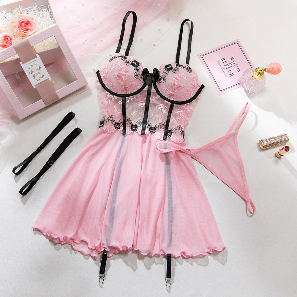 Embroidered Sexy Underwire Gathered Stitching Mesh See-through Dress