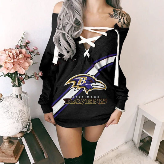 Baltimore Ravens Printed Lace-up V-neck Off-shoulder Hip Dress